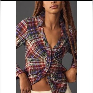 Pilcro Ruched Deep-V Plaid Buttondown Shirt Longsleeve Multicolor Boho
